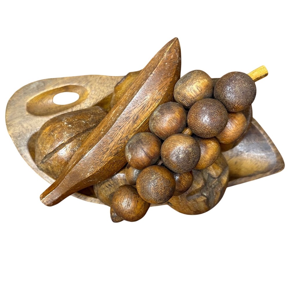 Vintage Hand Carved Wood Fruit Set with Tray Mid Century Modern Rustic Decor 7pc